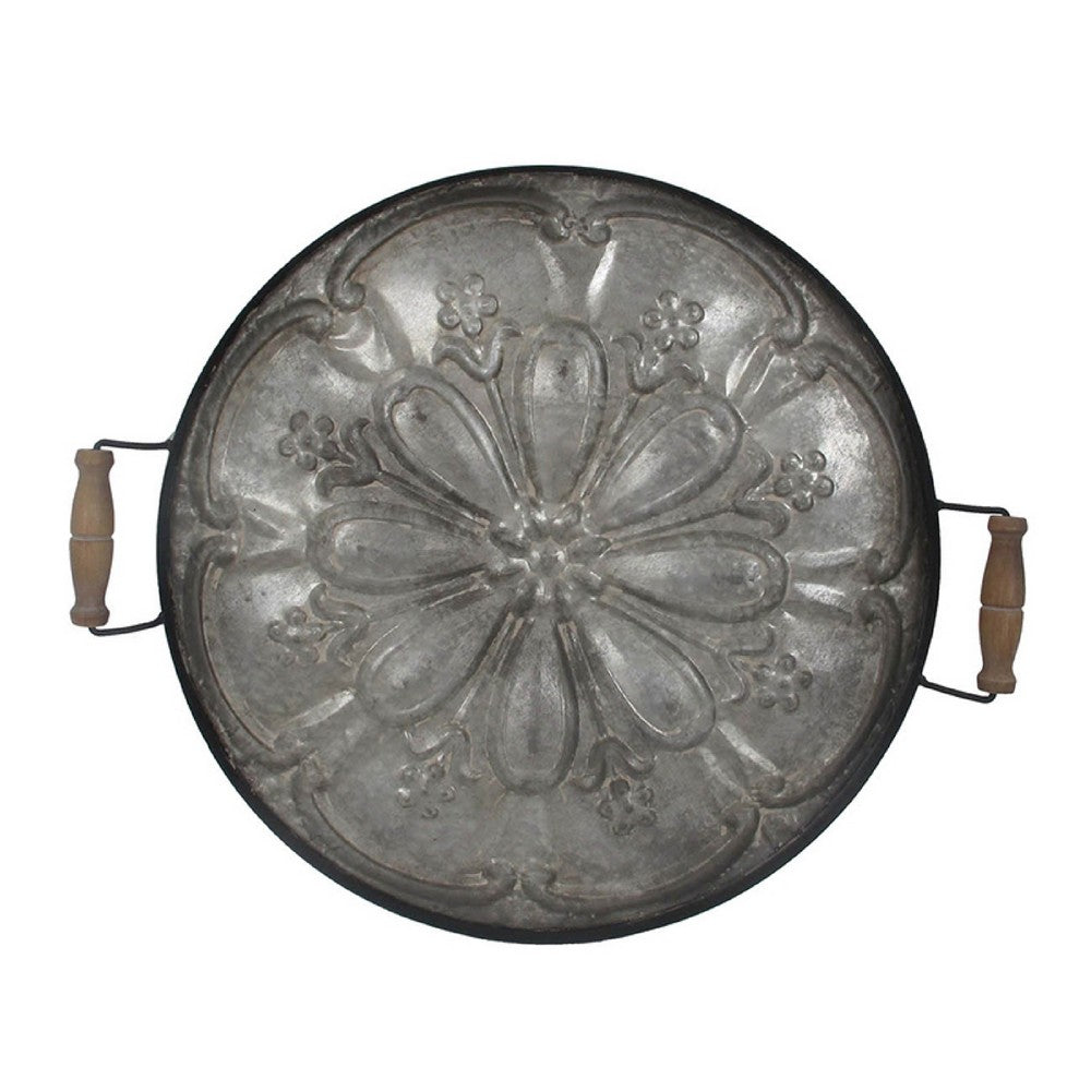 Vello Decorative Metal Tray, Wood Handles, Antique Gray Iron 28 Inch - BM350186