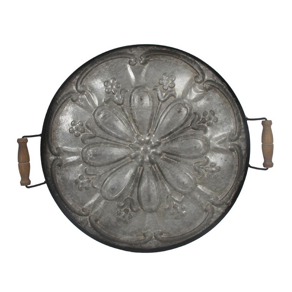 Vello Decorative Metal Tray, Wood Handles, Antique Gray Iron 28 Inch - BM350186