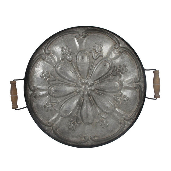 Vello Decorative Metal Tray, Wood Handles, Antique Gray Iron 28 Inch - BM350186