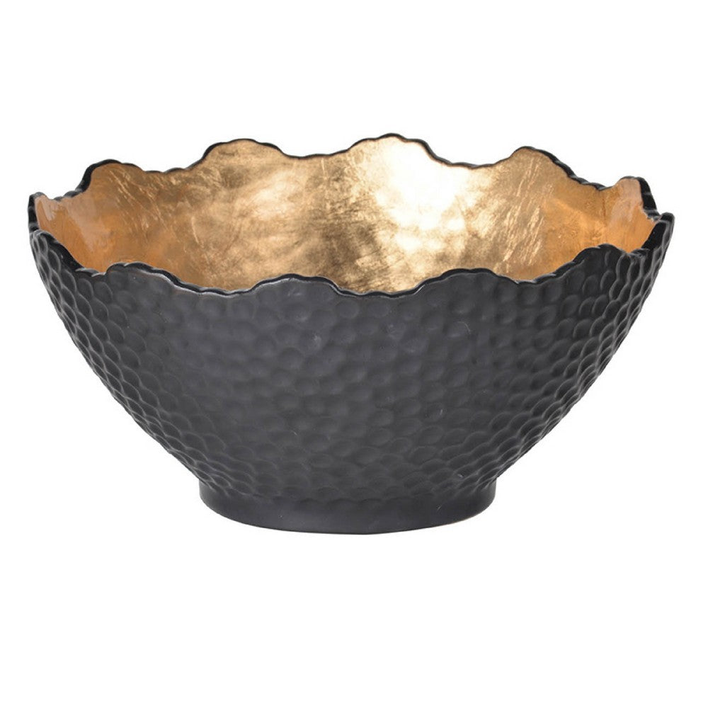 Decorative Bowl, Lotus Leaf Rim, Hammered Gold and Black Stoneware 10 Inch - BM350188