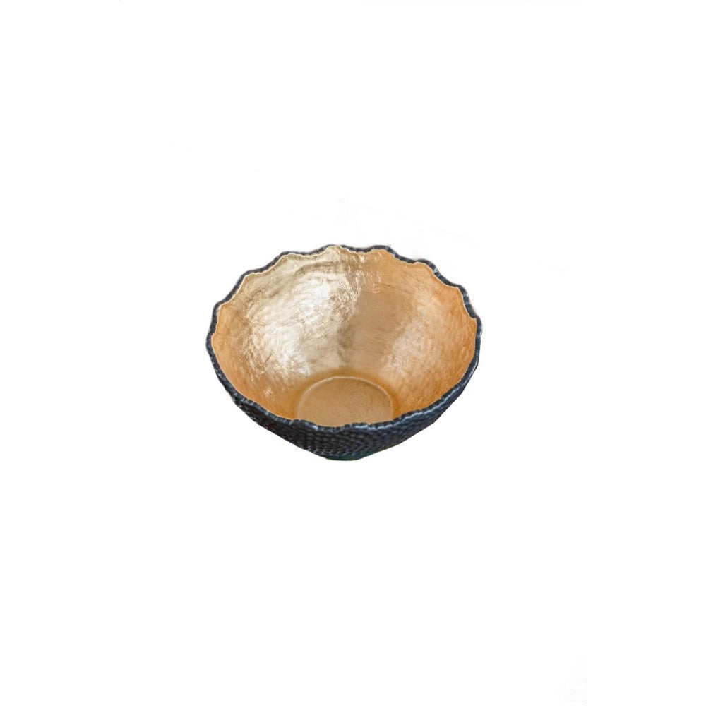 Decorative Bowl, Lotus Leaf Rim, Hammered Gold and Black Stoneware 10 Inch - BM350188