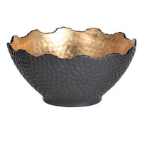 Decorative Bowl, Lotus Leaf Rim, Hammered Gold and Black Stoneware 10 Inch - BM350188