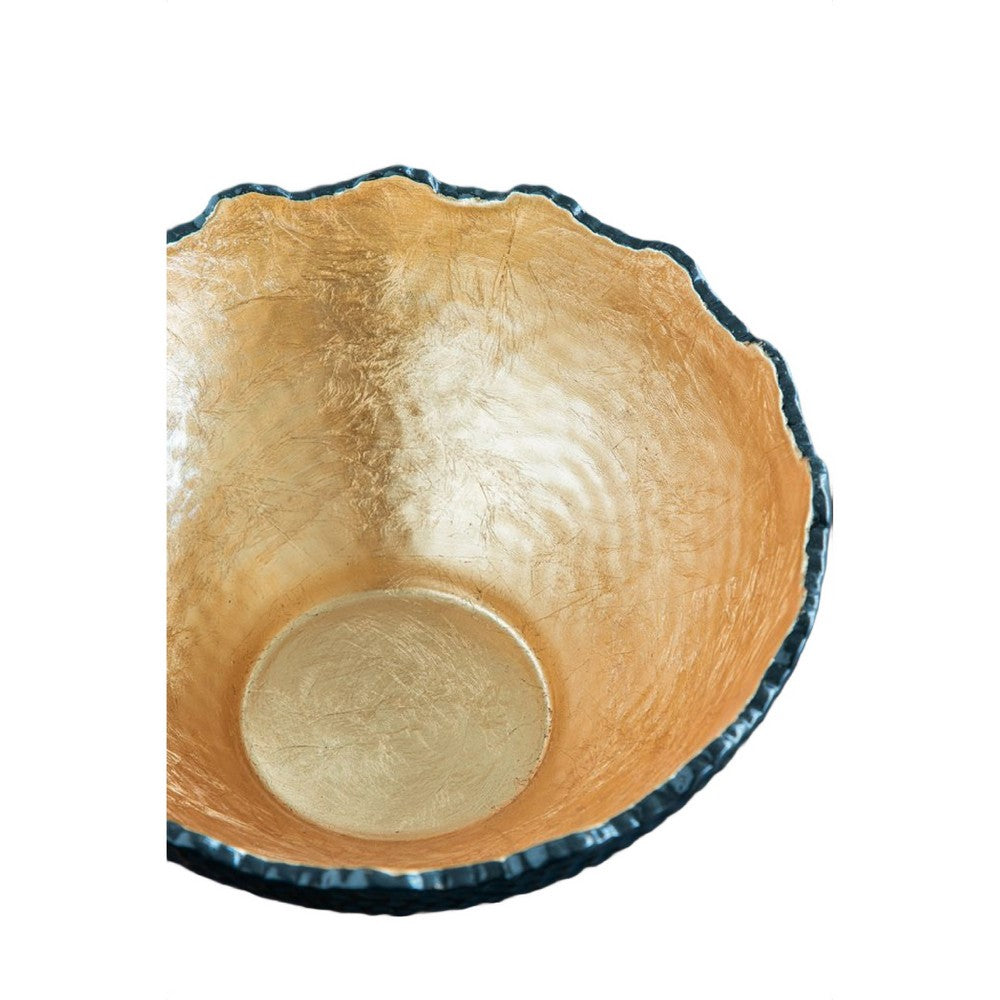 Decorative Bowl, Lotus Leaf Rim, Hammered Gold and Black Stoneware 10 Inch - BM350188