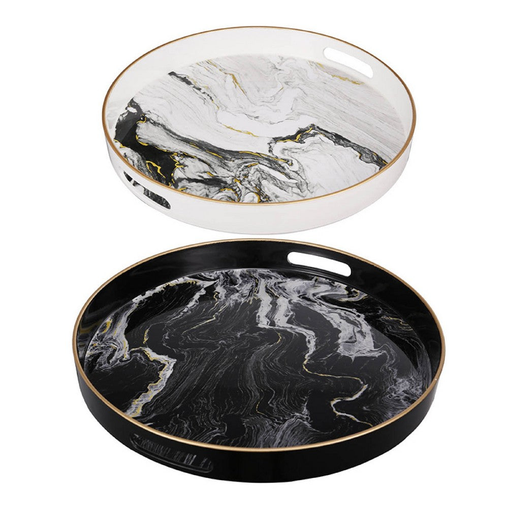 Qune 2pc Round Trays, Cutout Handles, Plastic Black and White Faux Marble - BM350189