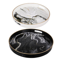 Qune 2pc Round Trays, Cutout Handles, Plastic Black and White Faux Marble - BM350189