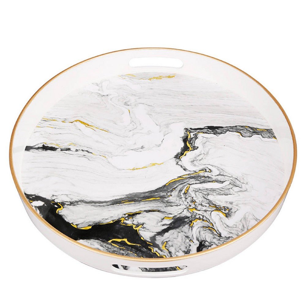 Qune 2pc Round Trays, Cutout Handles, Plastic Black and White Faux Marble - BM350189