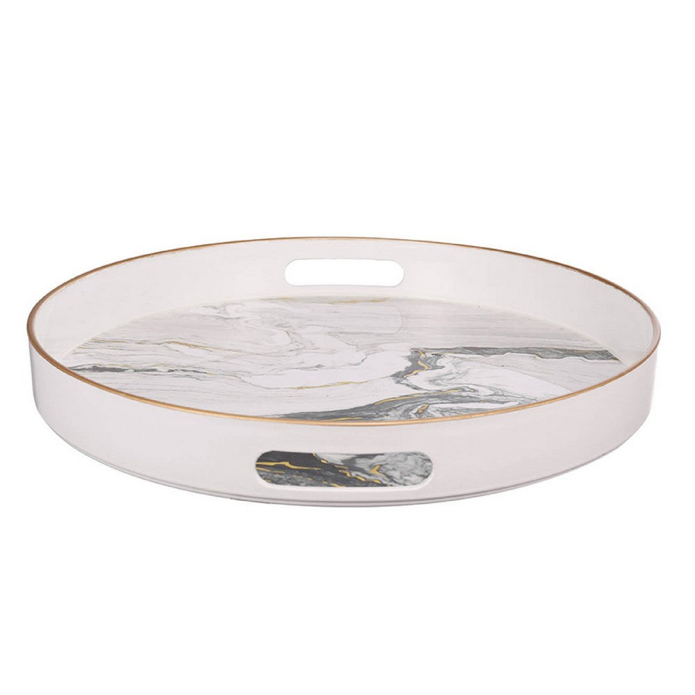 Qune 2pc Round Trays, Cutout Handles, Plastic Black and White Faux Marble - BM350189