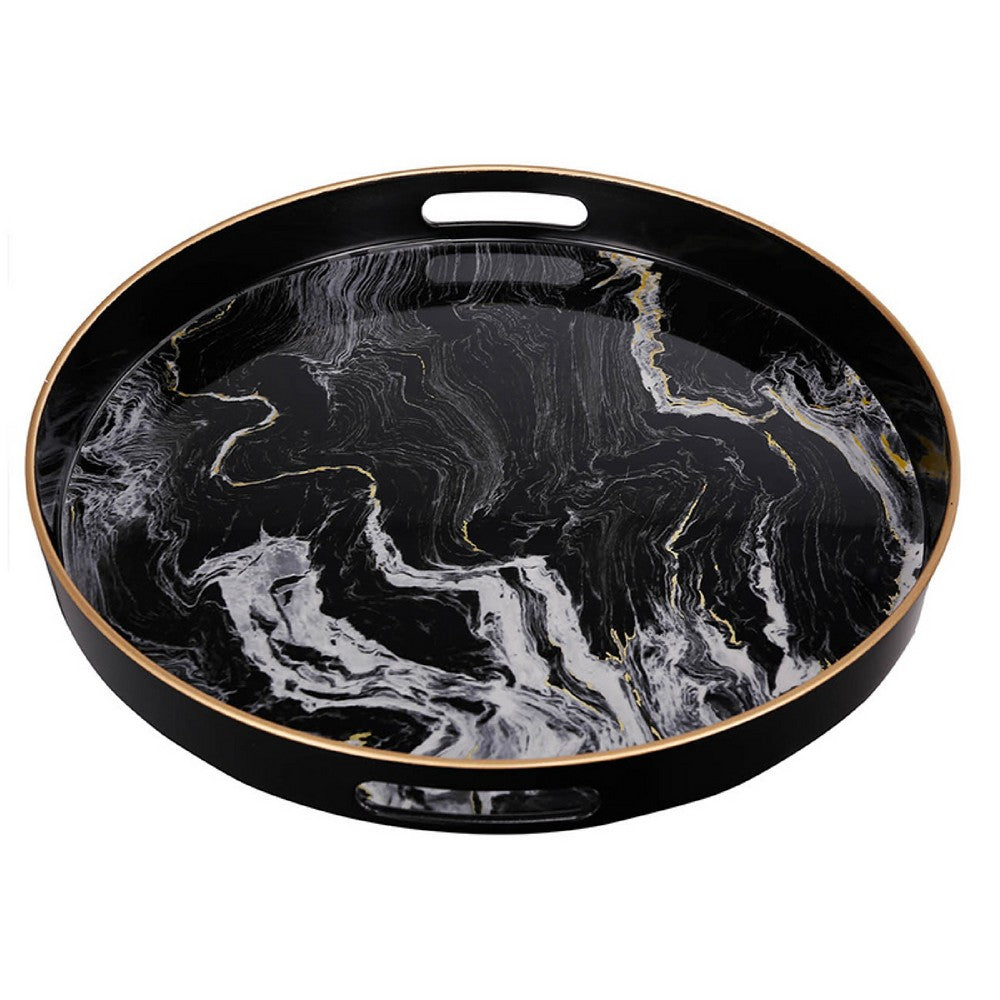 Qune 2pc Round Trays, Cutout Handles, Plastic Black and White Faux Marble - BM350189