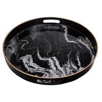 Qune 2pc Round Trays, Cutout Handles, Plastic Black and White Faux Marble - BM350189