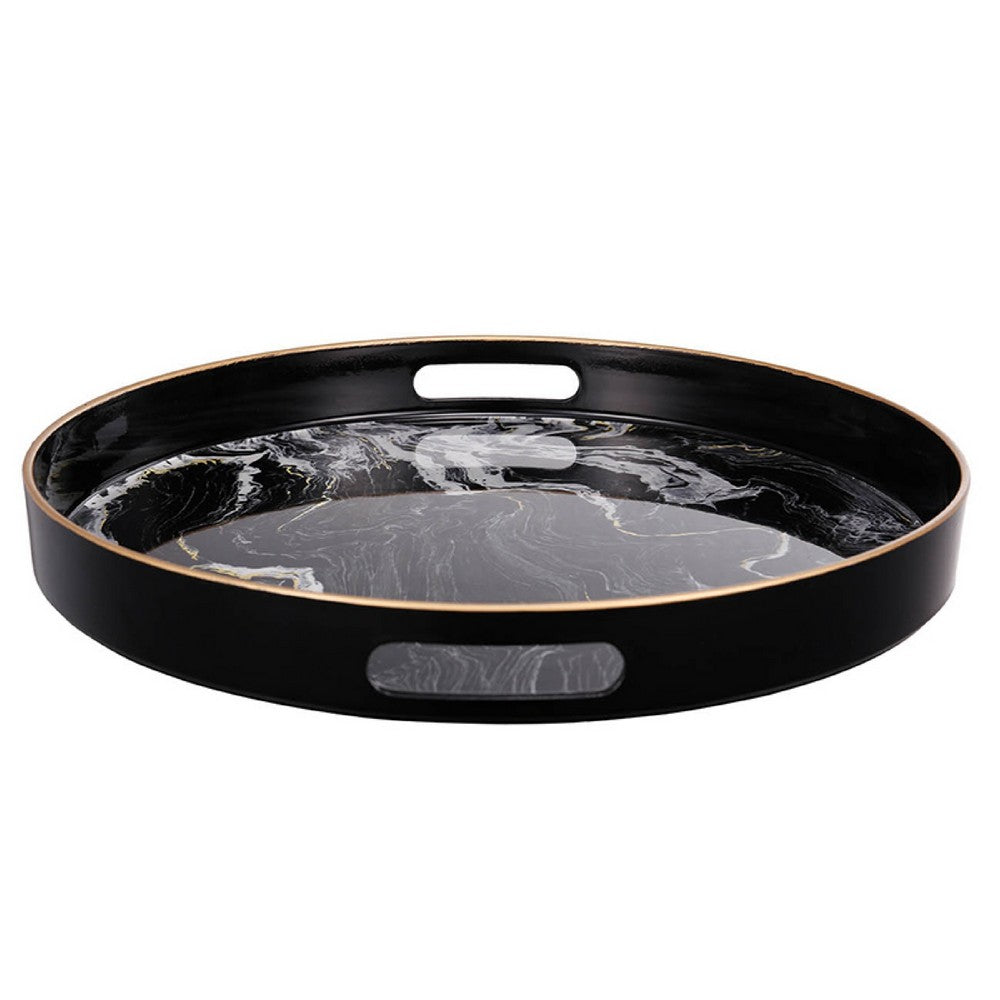 Qune 2pc Round Trays, Cutout Handles, Plastic Black and White Faux Marble - BM350189