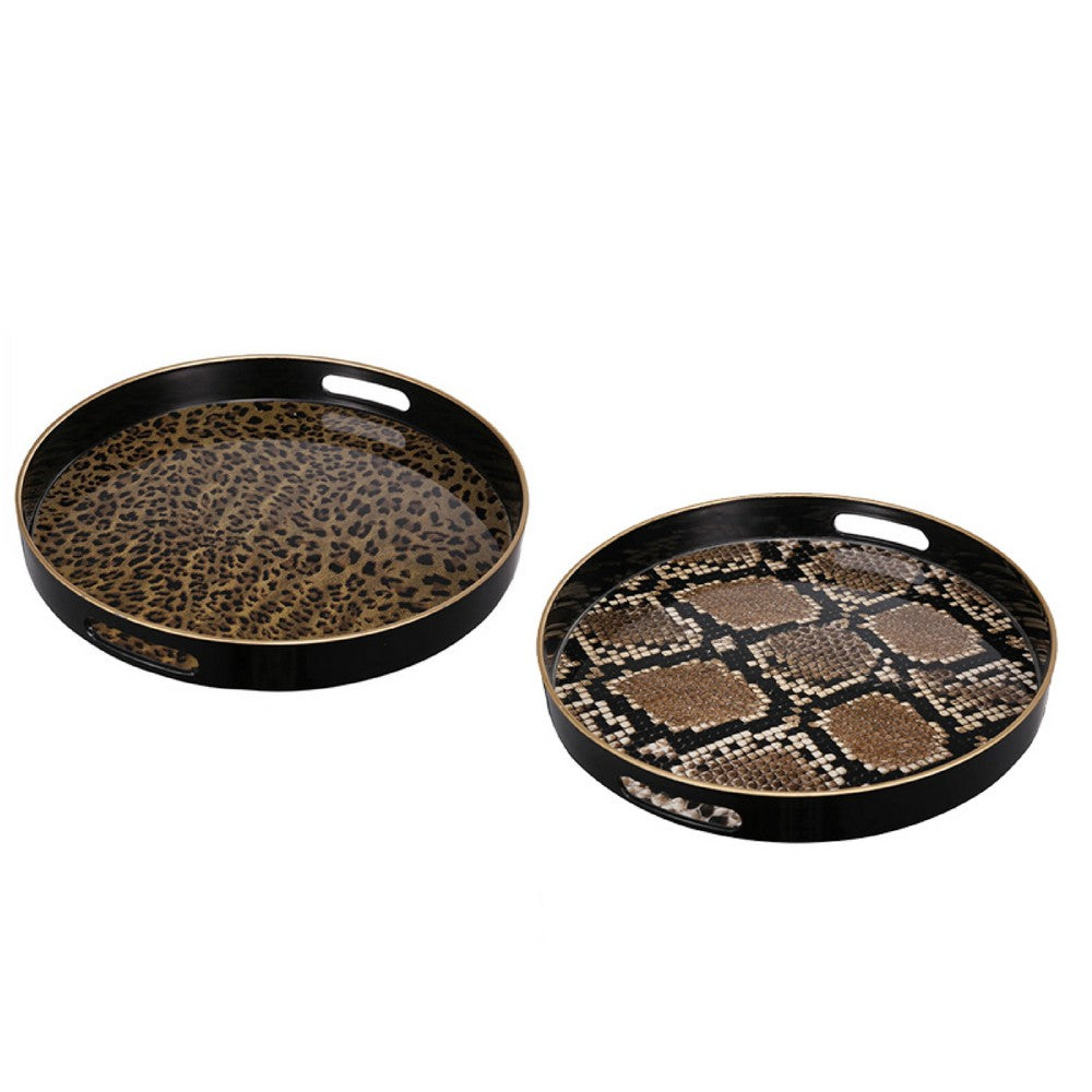Qune 2pc Round Trays, Cutout Handles, Black and Brown Safari Themed Design - BM350190