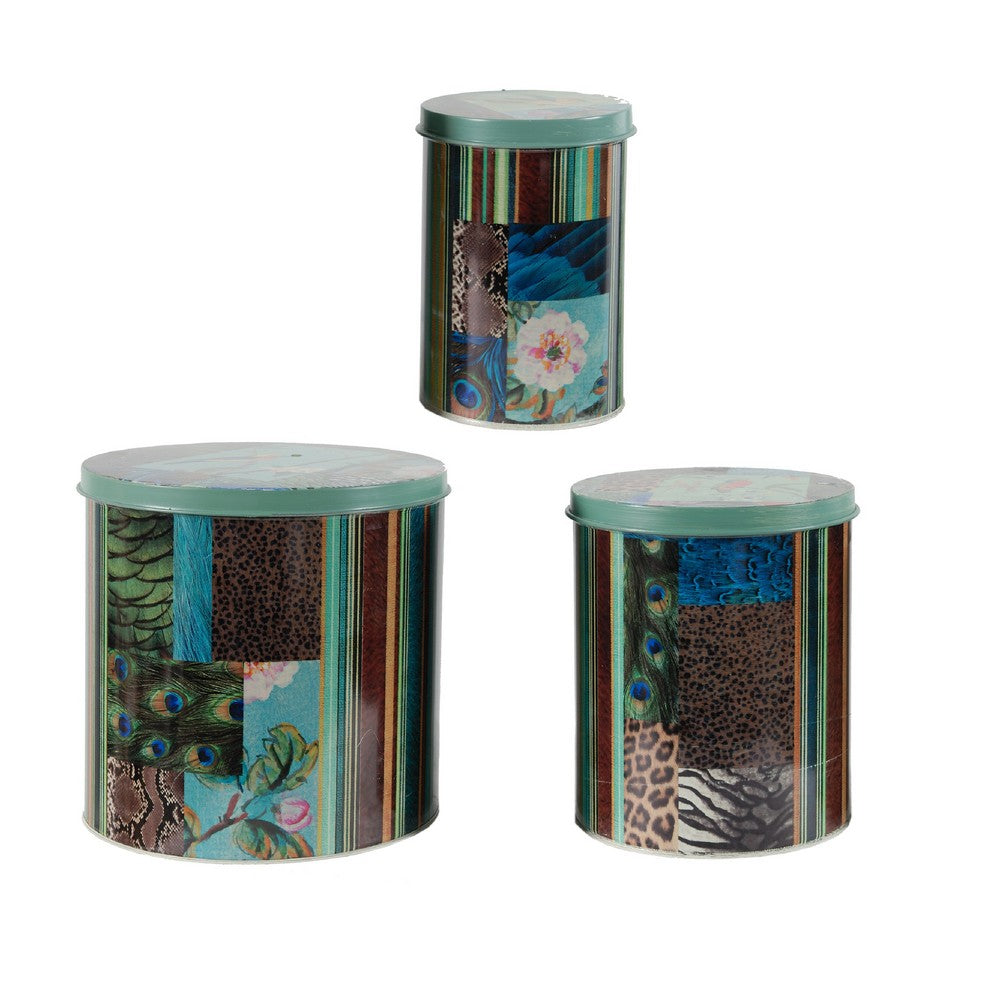 Yuva Decorative Box Set of 3, Animal Motifs and Stripes, Green Tin Metal - BM350191