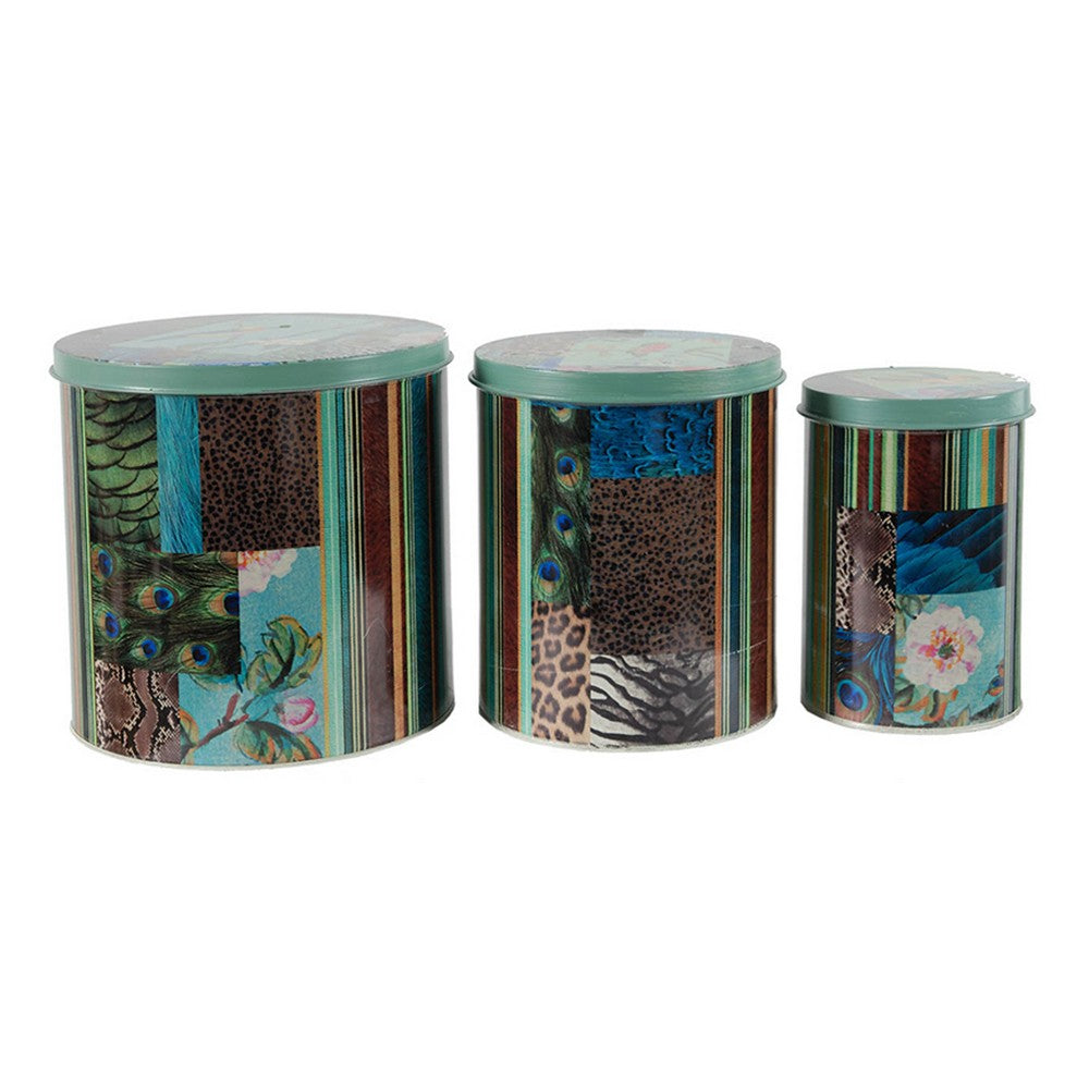 Yuva Decorative Box Set of 3, Animal Motifs and Stripes, Green Tin Metal - BM350191