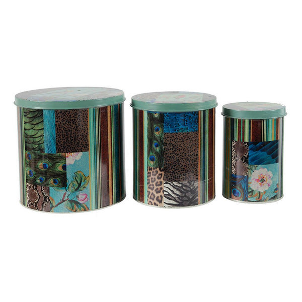 Yuva Decorative Box Set of 3, Animal Motifs and Stripes, Green Tin Metal - BM350191
