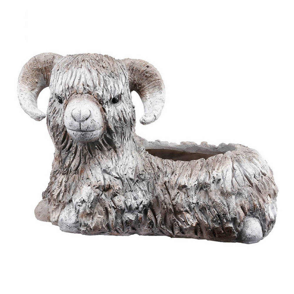 Outdoor Planter, Mountain Sheep Sculpture, Cream and Gray Resin 15 Inch - BM350192