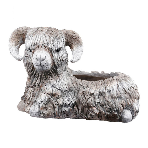 Outdoor Planter, Mountain Sheep Sculpture, Cream and Gray Resin 15 Inch - BM350192