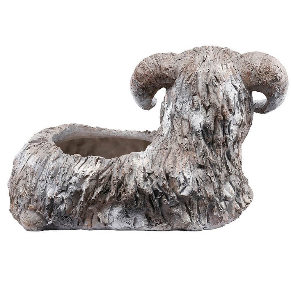 Outdoor Planter, Mountain Sheep Sculpture, Cream and Gray Resin 15 Inch - BM350192