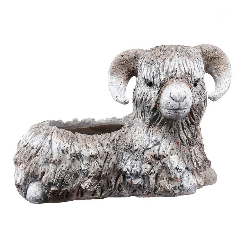 Outdoor Planter, Mountain Sheep Sculpture, Cream and Gray Resin 15 Inch - BM350192