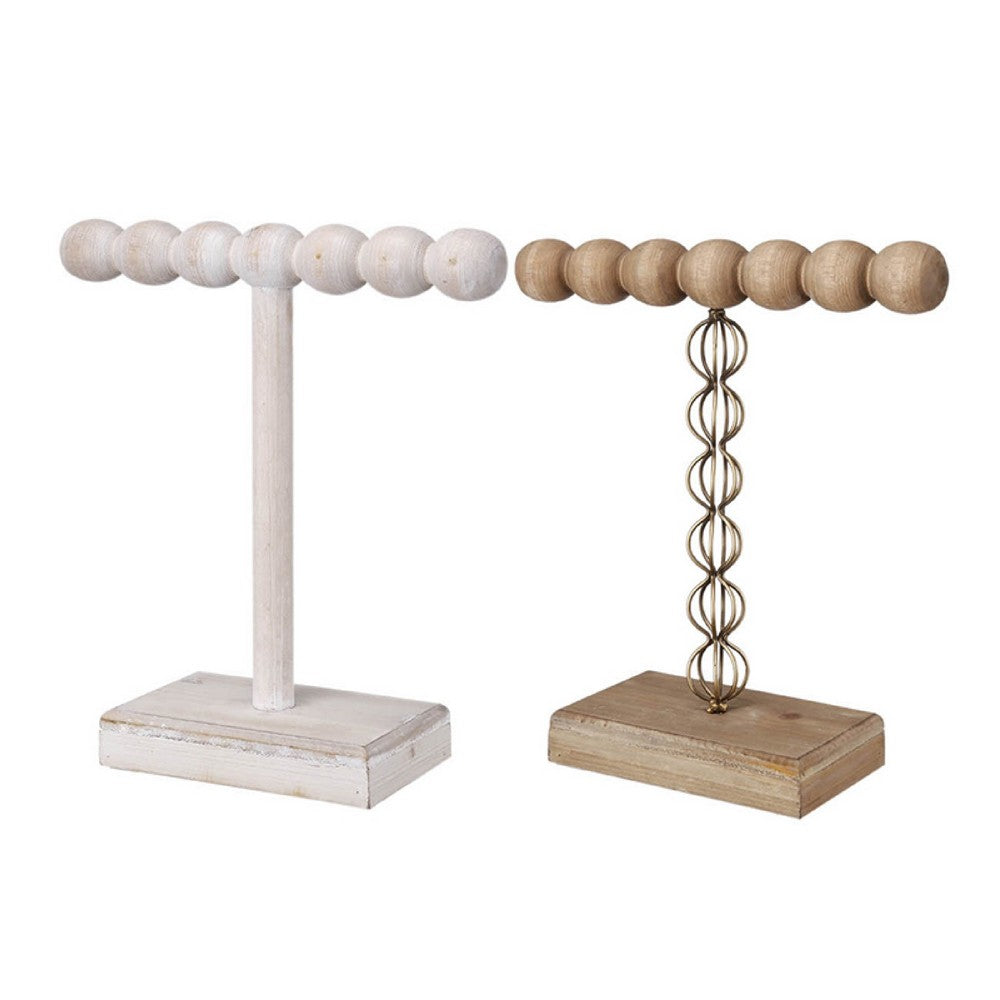 1-Tier Jewelry Stand Set of 2, Luxe Brown and Ivory Wood, T Shape 18 Inch - BM350195