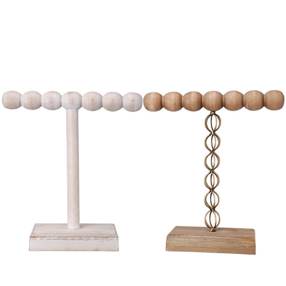 1-Tier Jewelry Stand Set of 2, Luxe Brown and Ivory Wood, T Shape 18 Inch - BM350195