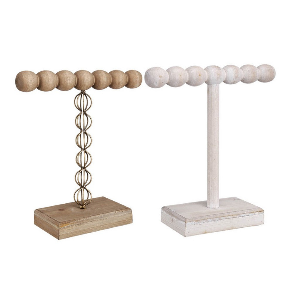 1-Tier Jewelry Stand Set of 2, Luxe Brown and Ivory Wood, T Shape 18 Inch - BM350195