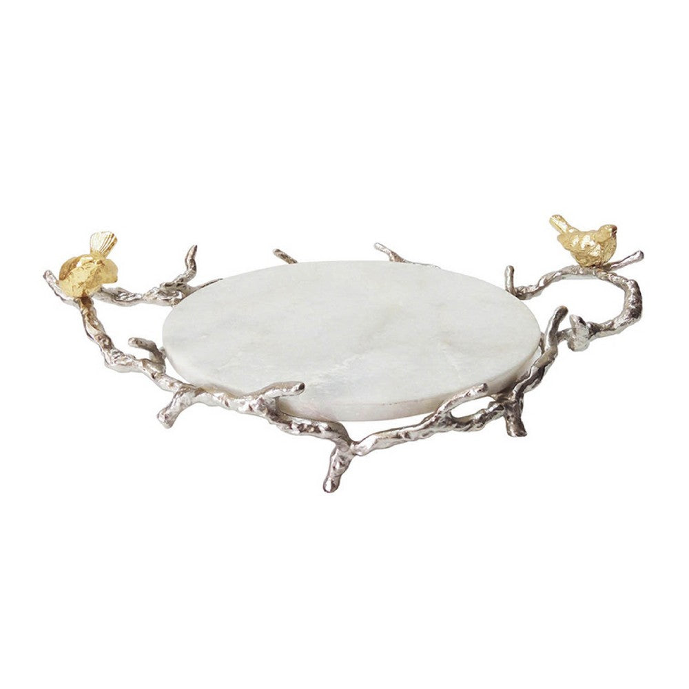 Vada Decorative Tray, Marble Disc, Silver Branch Handles w Birds, 17 Inch - BM350196