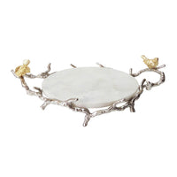 Vada Decorative Tray, Marble Disc, Silver Branch Handles w Birds, 17 Inch - BM350196