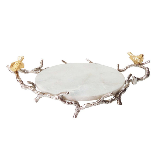Vada Decorative Tray, Marble Disc, Silver Branch Handles w Birds, 17 Inch - BM350196