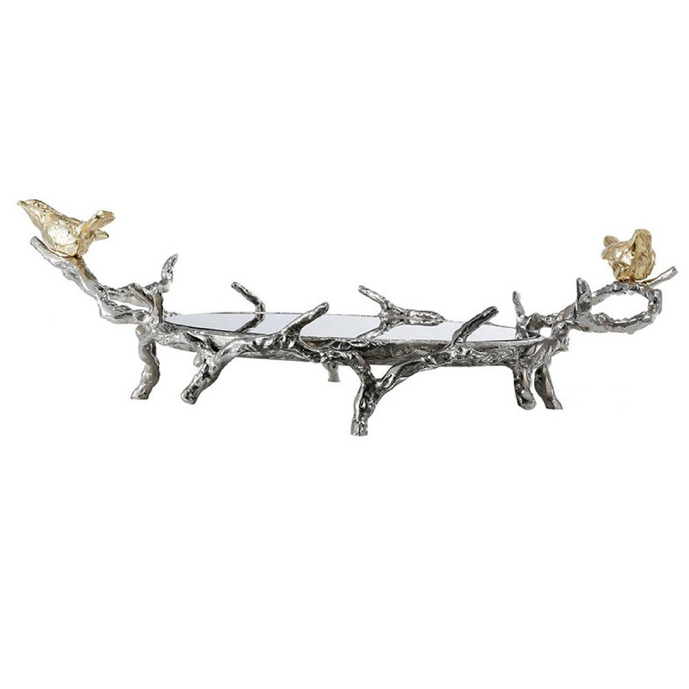 Vada Decorative Tray, Marble Disc, Silver Branch Handles w Birds, 17 Inch - BM350196