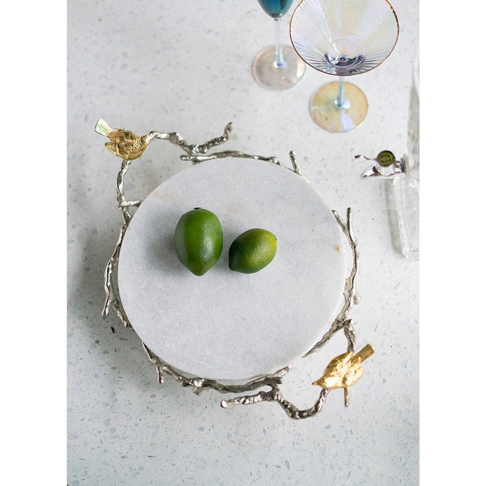 Vada Decorative Tray, Marble Disc, Silver Branch Handles w Birds, 17 Inch - BM350196
