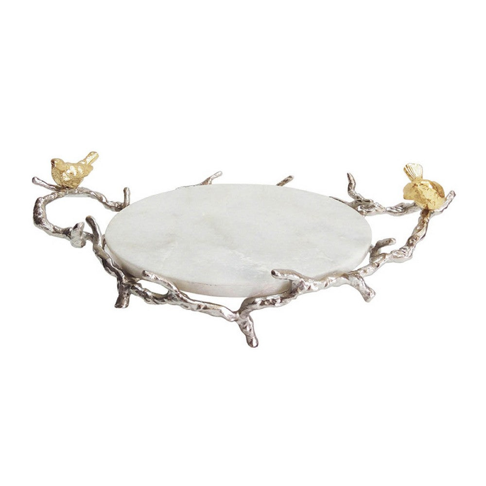 Vada Decorative Tray, Marble Disc, Silver Branch Handles w Birds, 17 Inch - BM350196