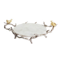 Vada Decorative Tray, Marble Disc, Silver Branch Handles w Birds, 17 Inch - BM350196