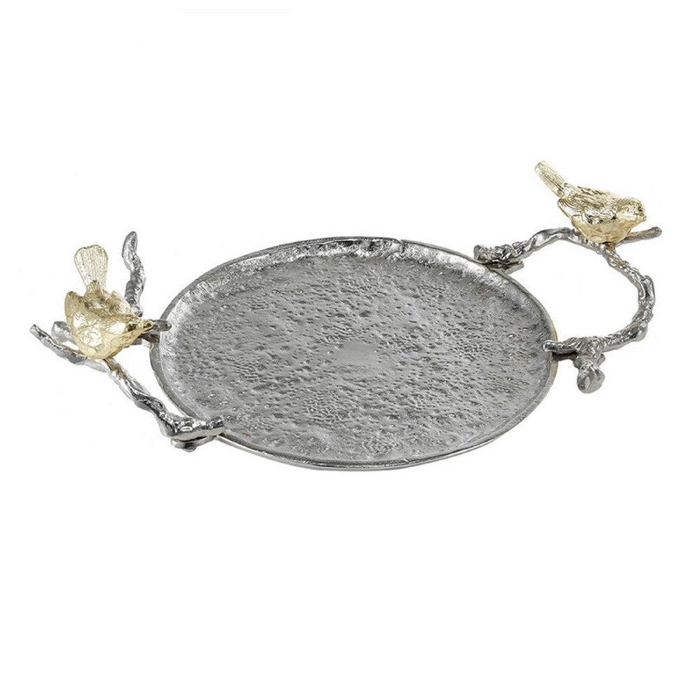 Vada Decorative Tray, Aluminum Disc, Silver Branch Handles w Birds, 14 Inch - BM350197
