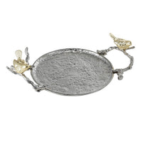 Vada Decorative Tray, Aluminum Disc, Silver Branch Handles w Birds, 14 Inch - BM350197