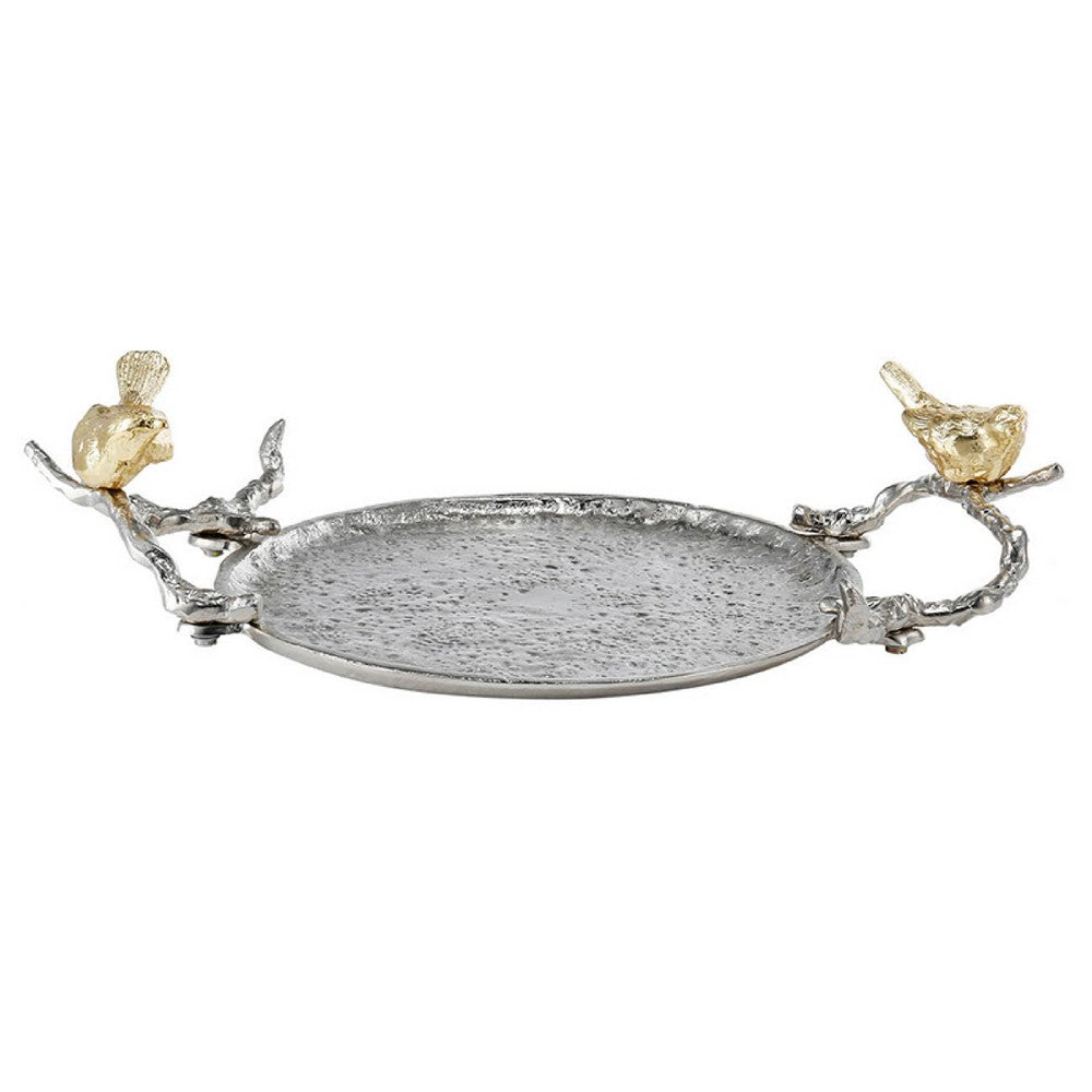 Vada Decorative Tray, Aluminum Disc, Silver Branch Handles w Birds, 14 Inch - BM350197