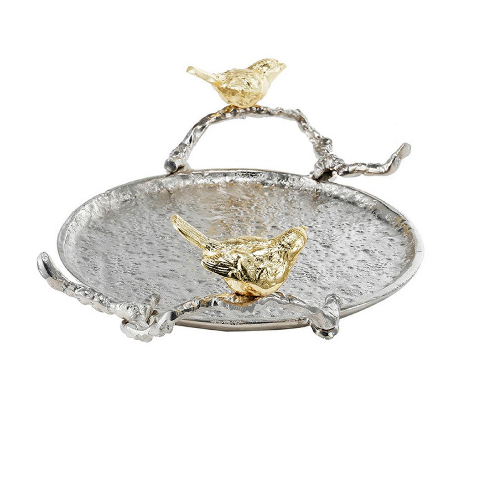 Vada Decorative Tray, Aluminum Disc, Silver Branch Handles w Birds, 14 Inch - BM350197