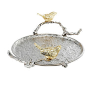 Vada Decorative Tray, Aluminum Disc, Silver Branch Handles w Birds, 14 Inch - BM350197
