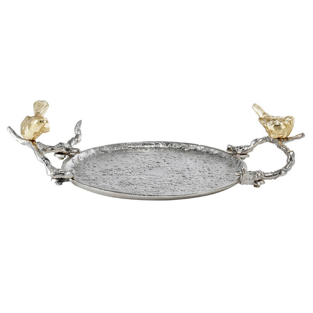 Vada Decorative Tray, Aluminum Disc, Silver Branch Handles w Birds, 14 Inch - BM350197