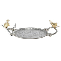Vada Decorative Tray, Aluminum Disc, Silver Branch Handles w Birds, 14 Inch - BM350197