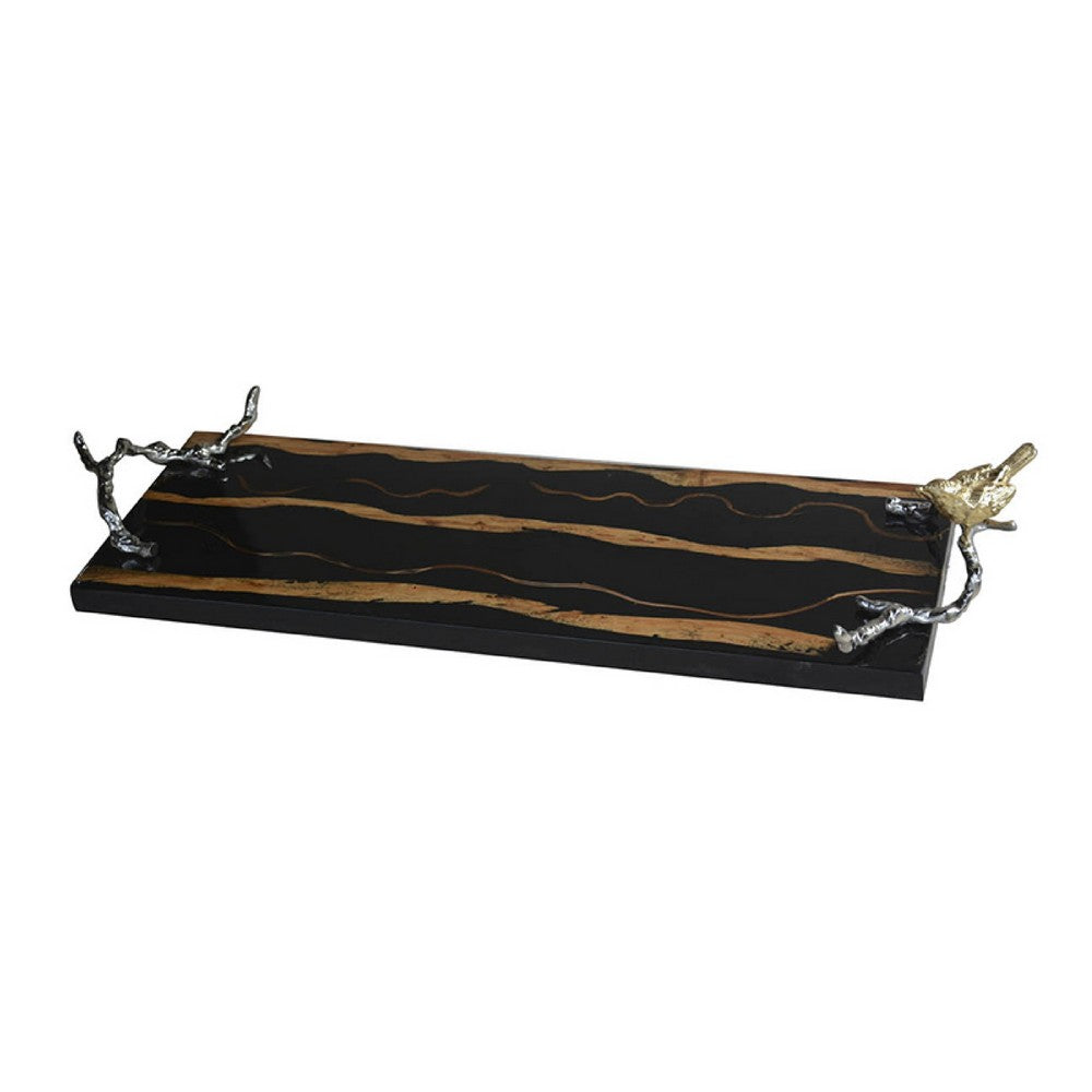 Vada Rectangular Tray, Silver Branch Handles w Bird, Brown Wood, 26 Inch - BM350198