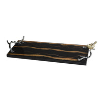 Vada Rectangular Tray, Silver Branch Handles w Bird, Brown Wood, 26 Inch - BM350198