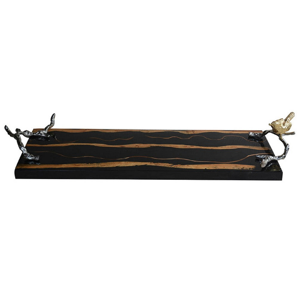 Vada Rectangular Tray, Silver Branch Handles w Bird, Brown Wood, 26 Inch - BM350198