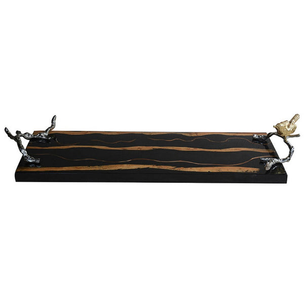 Vada Rectangular Tray, Silver Branch Handles w Bird, Brown Wood, 26 Inch - BM350198