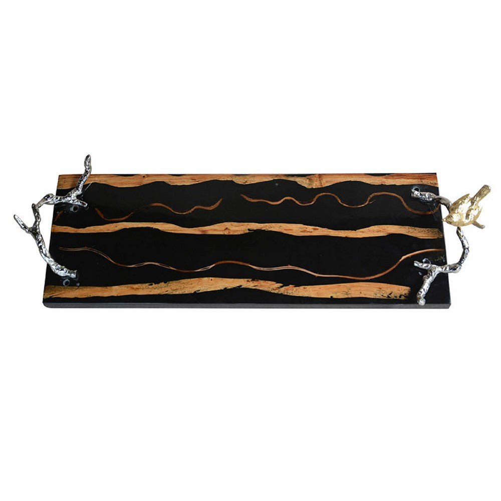 Vada Rectangular Tray, Silver Branch Handles w Bird, Brown Wood, 26 Inch - BM350198