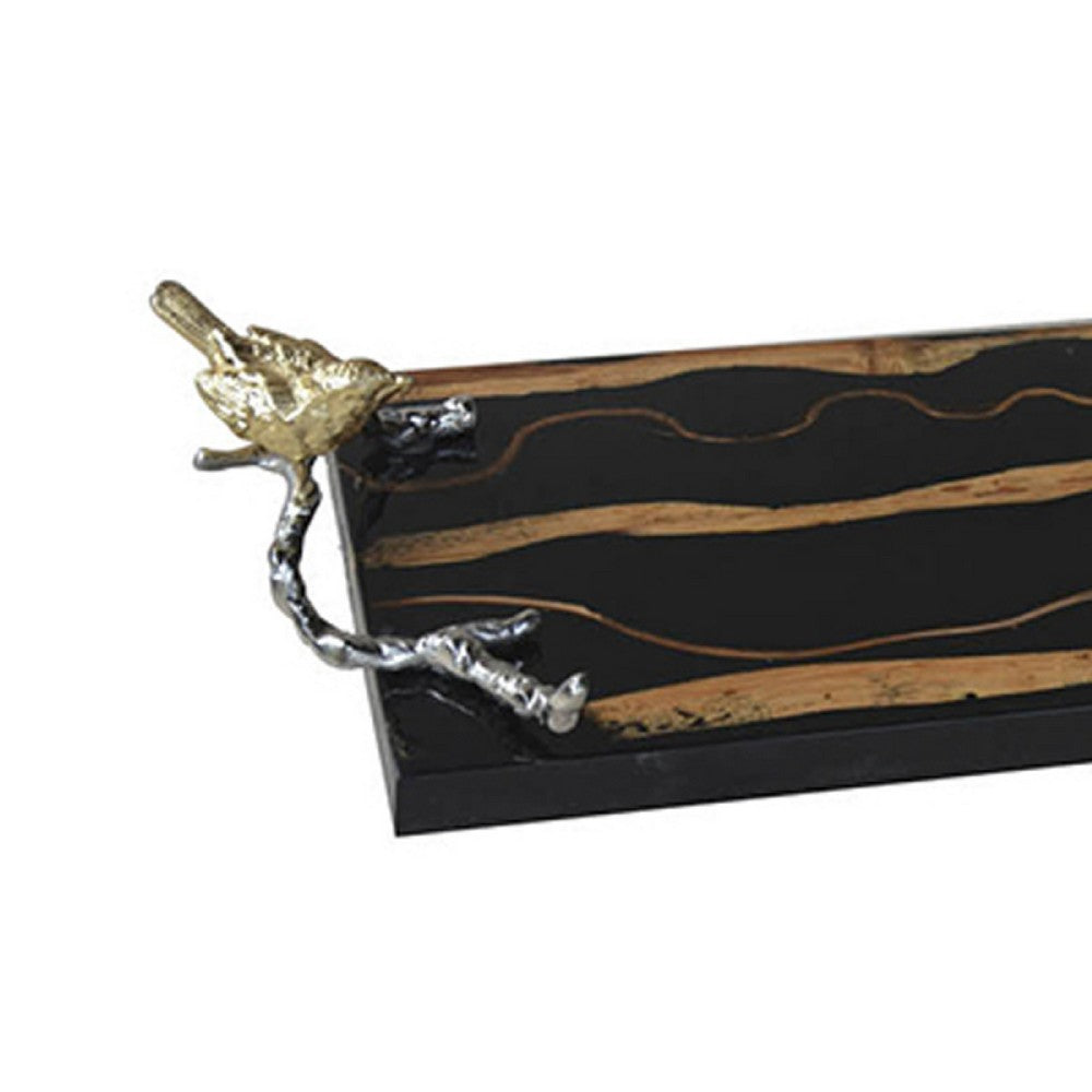 Vada Rectangular Tray, Silver Branch Handles w Bird, Brown Wood, 26 Inch - BM350198