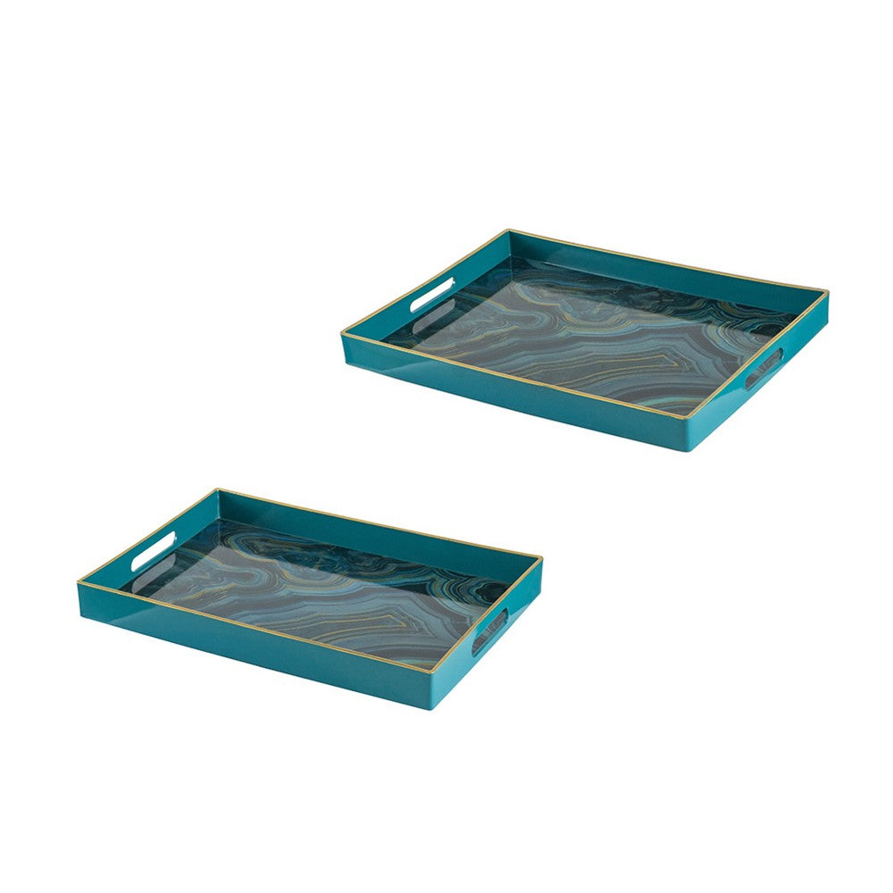 Fara Rectangular Tray Set of 2, Marble Design, Cutout Handle, Blue Plastic - BM350201