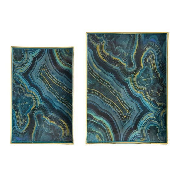 Fara Rectangular Tray Set of 2, Marble Design, Cutout Handle, Blue Plastic - BM350201