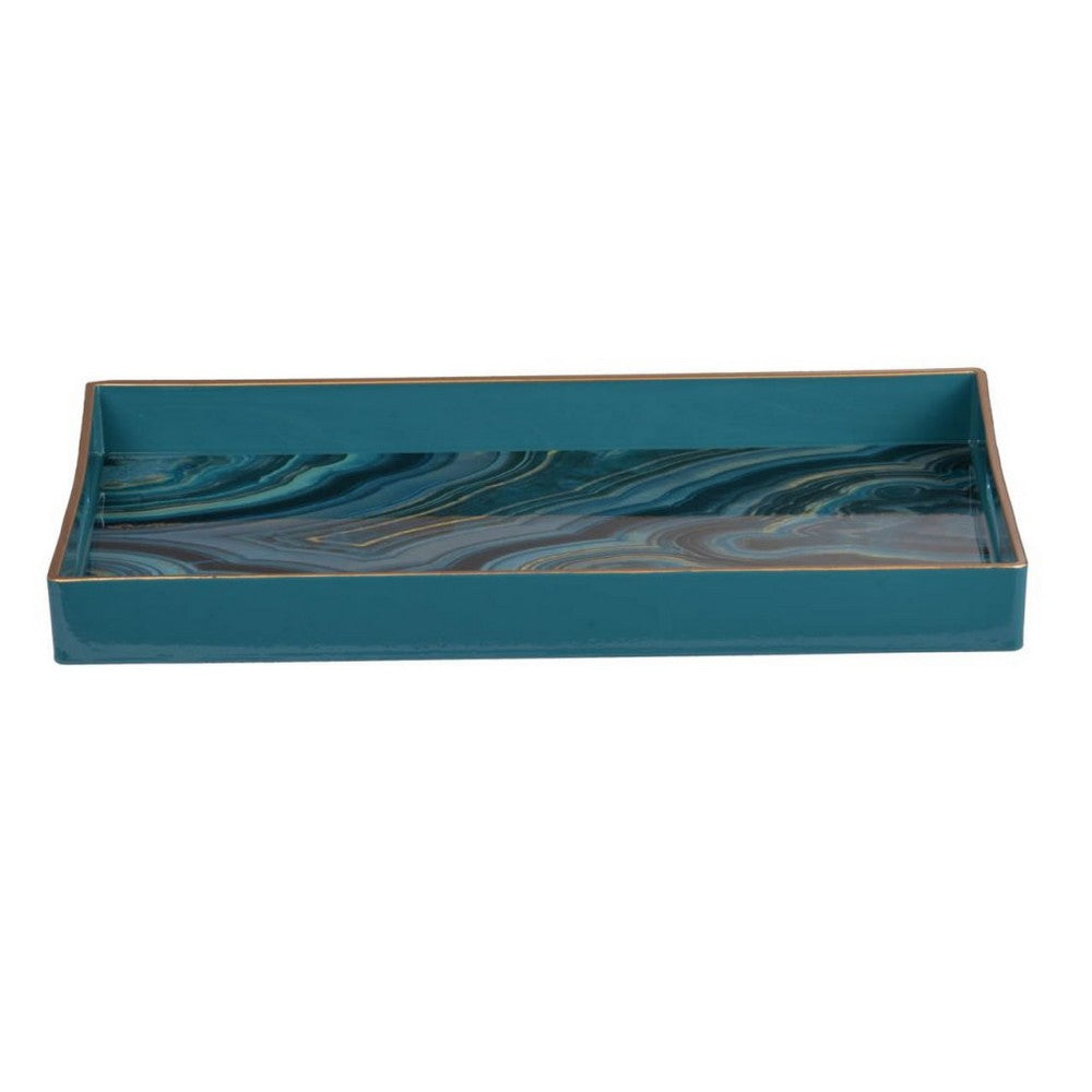 Fara Rectangular Tray Set of 2, Marble Design, Cutout Handle, Blue Plastic - BM350201
