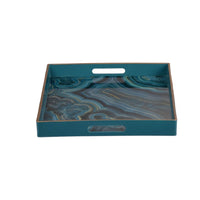 Fara Rectangular Tray Set of 2, Marble Design, Cutout Handle, Blue Plastic - BM350201