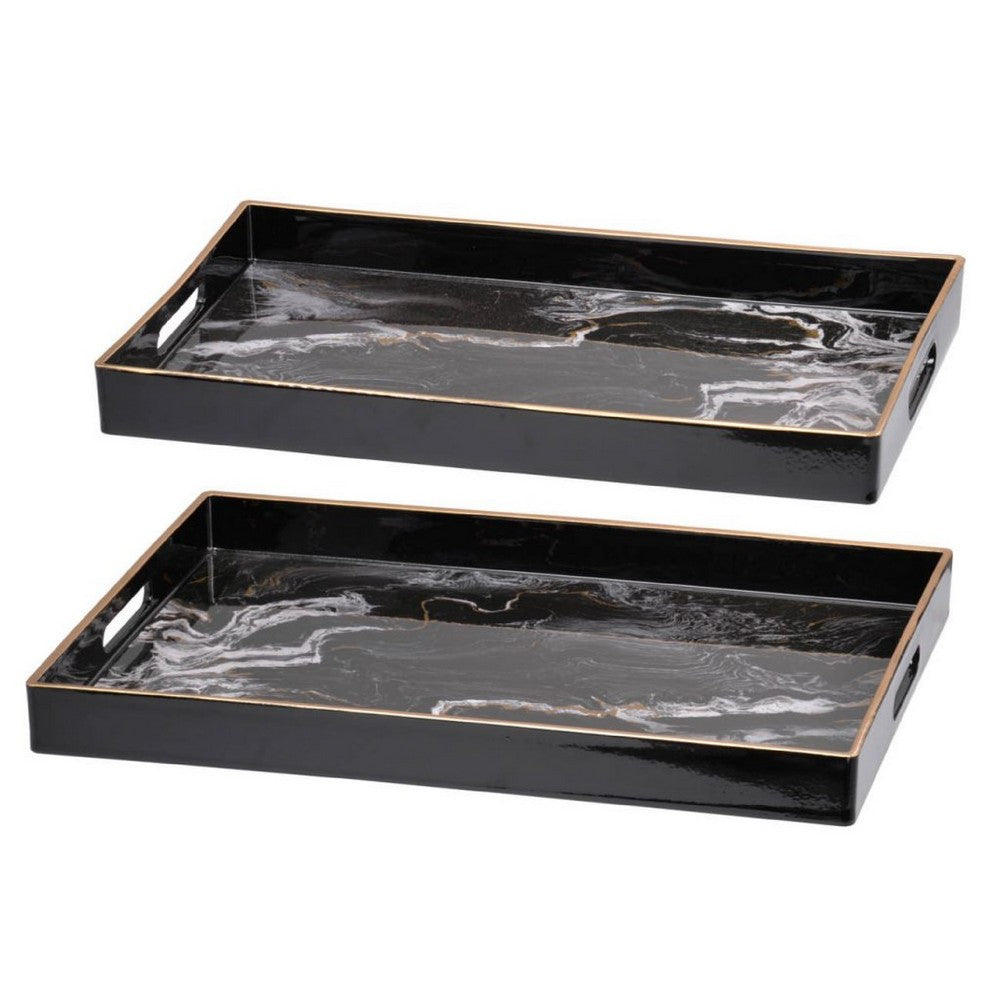 Fara Rectangular Tray Set of 2, Marble Design, Cutout Handle, Black Plastic - BM350202